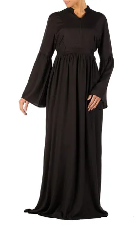 Bell sleeves and front zipper flared abaya dress