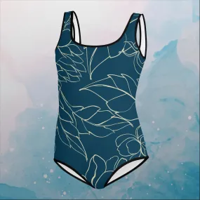 Blue and Gold Floral Stencil Lines Print Youth Swimsuit