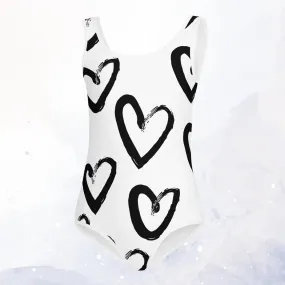 Brush Stroke Hearts Black and White Print Kids Swimsuit Leotard