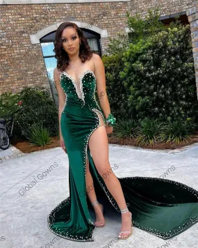 Green Velvet Strapless Long Prom Dress For Black Girls 2023 Beaded Evening Gowns High Slit Formal Gown Robe De Bal Homecoming