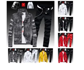 Men's Denim Jacket Jeans Pants Letters Printing Trousers 3 Pcs Set Casual Single Breasted